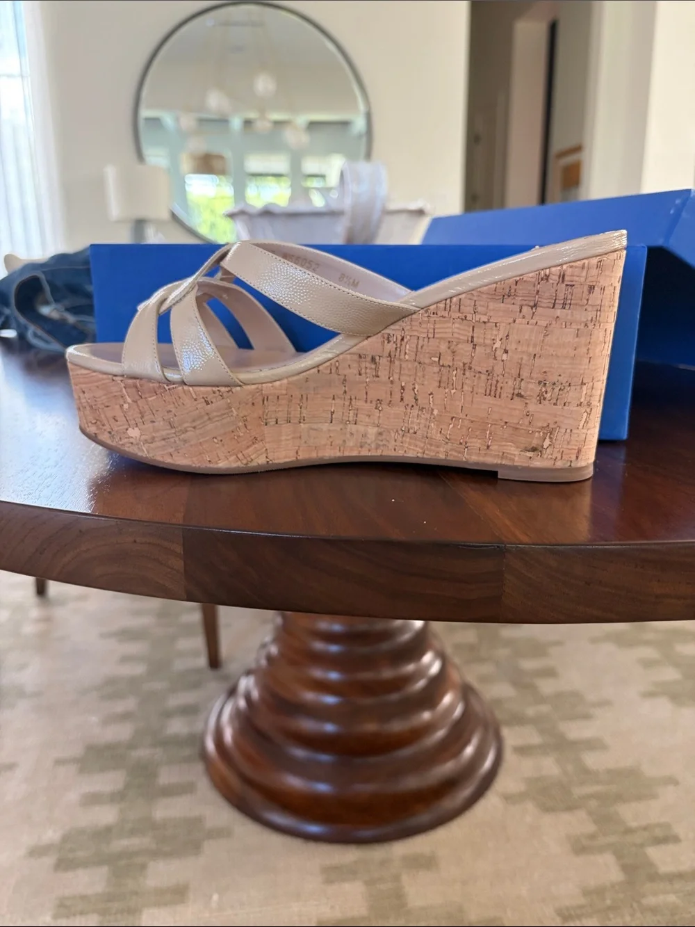 Stuart Weitzman Cadence Cork Platform Wedges Nude Patent 8.5
